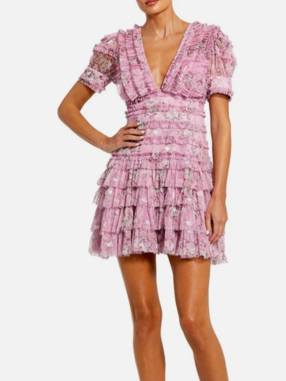 Mac Duggal Deep V Puff Sleeve Mini Dress Purple  For Love & Lemon Loveshackfancy
